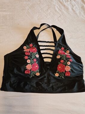 Black Strappy Bikini Top with Red & Pink Floral Embroidery